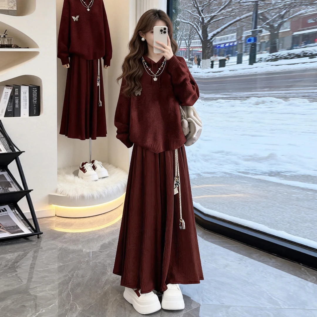 法式酒红色毛衣套装连衣裙子女秋冬季2026新款爆款高级感两件套装