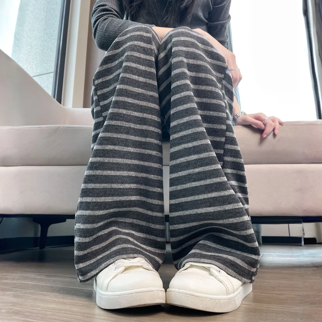条纹窄版阔腿裤女秋冬加厚直筒小个子九分宽松大码慵懒风加绒长裤