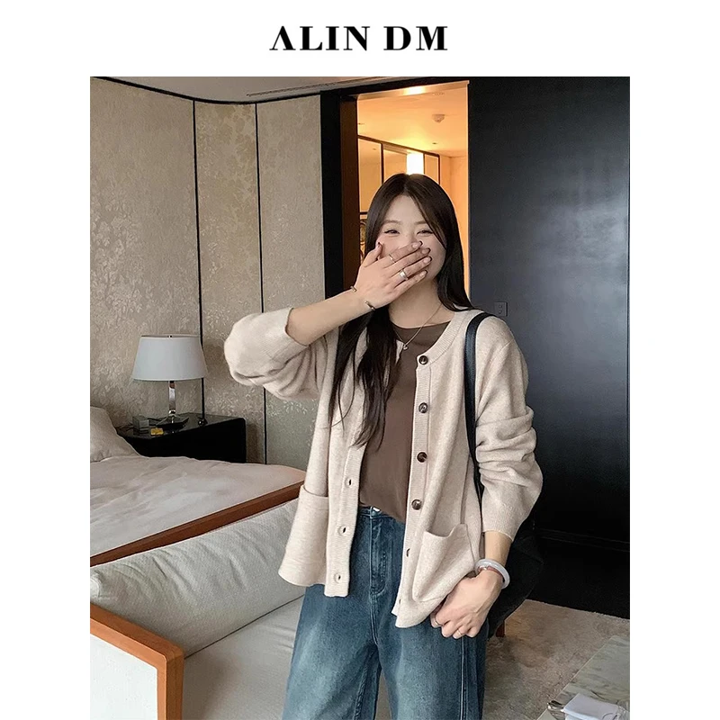 【ALINDM年中大清仓】大码微胖mm长袖针织衫宽松毛衣开衫-L80073