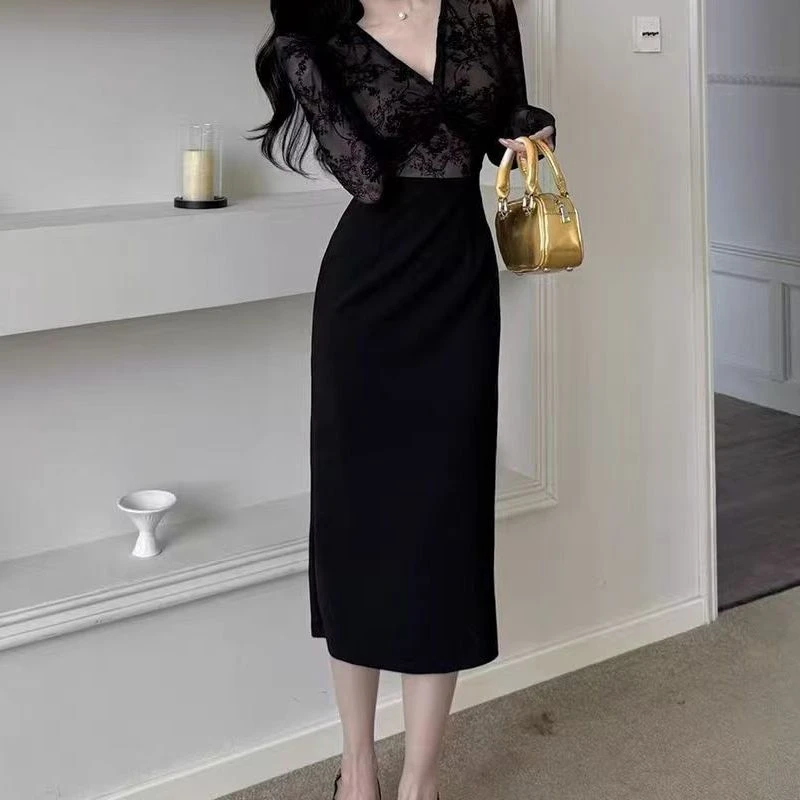 （谭老五）御姐蕾丝扭结V领连衣裙气质海妖风名媛开叉包臀裙1966