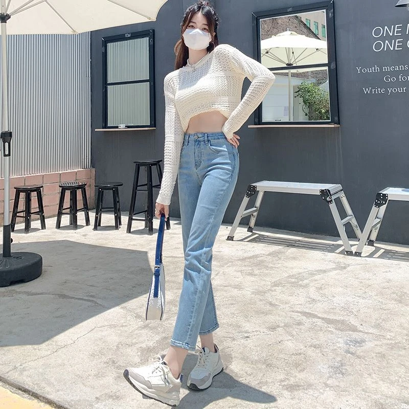 2025新款浅蓝烟管软牛仔裤女小直筒修身显瘦小个子窄版直筒法棍裤