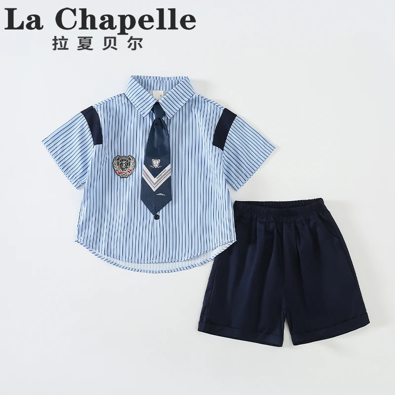 拉夏贝尔男童短袖套装儿童夏季学院风洋气领带两件套潮LB145