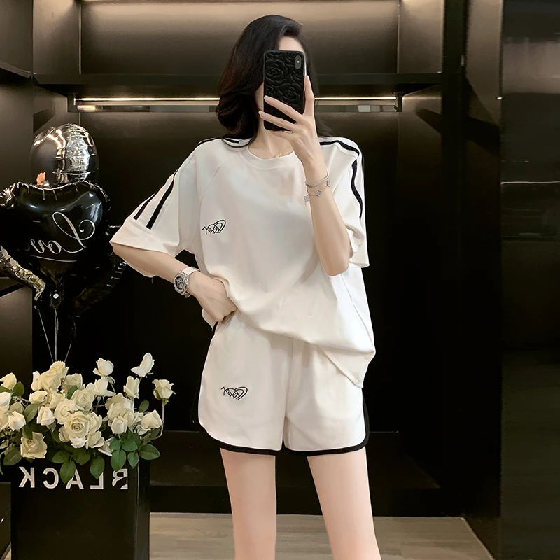 欧货短袖短裤休闲运动服套装女夏装2025新款爆款洋气跑步两件套潮