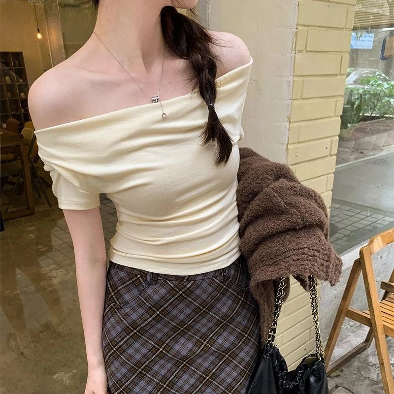 设计感荡领一字肩短袖T恤女2025夏季修身辣妹修身露肩短款上衣潮