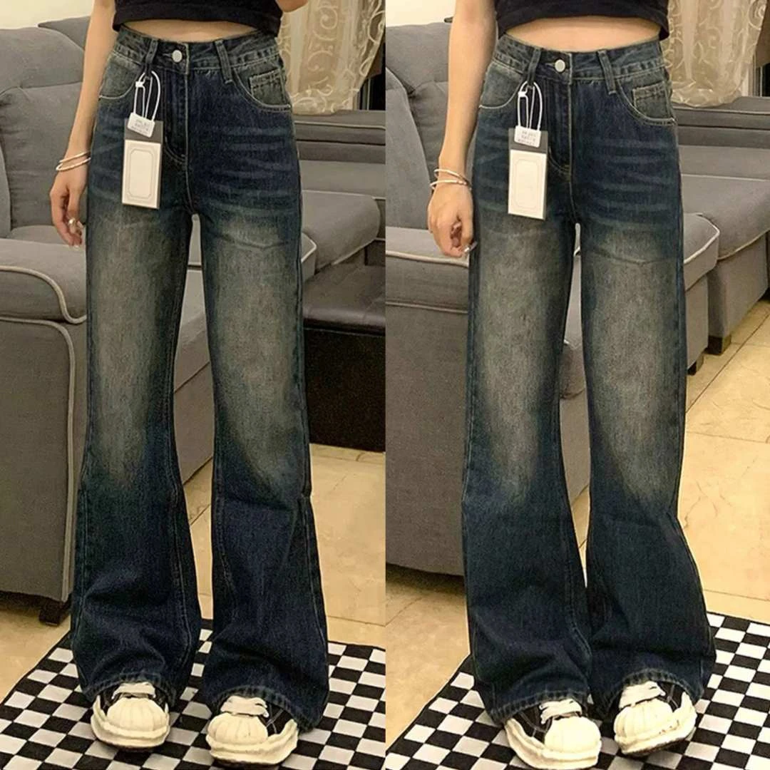 复古蓝微喇高腰宽松阔腿牛仔裤女大码遮胯显瘦梨型身材直筒长裤子