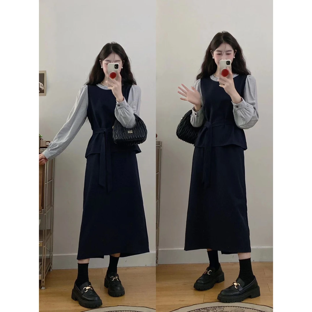 大码潮流感拼色时髦气质韩版上班假两件长袖衬衫袖秋冬梭织聚酯纤