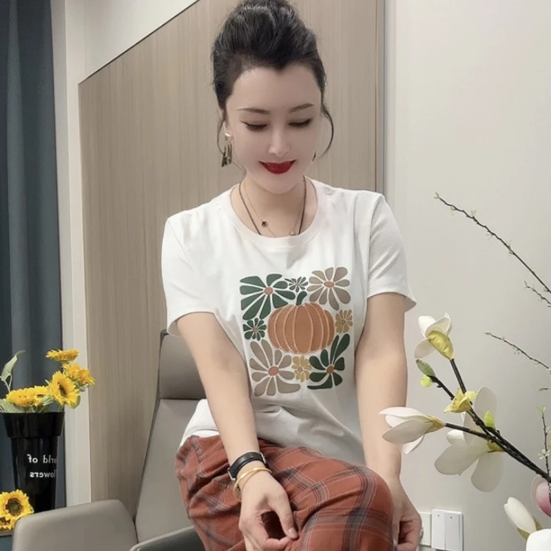 25108洋气植物花卉短袖百搭T恤修身型印花时尚圆领宽松韩版休闲