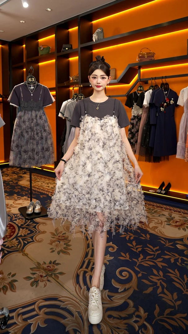 【linda】编号【40】假两件娃娃领连衣裙大码显瘦A字裙BLS-A197蕾丝