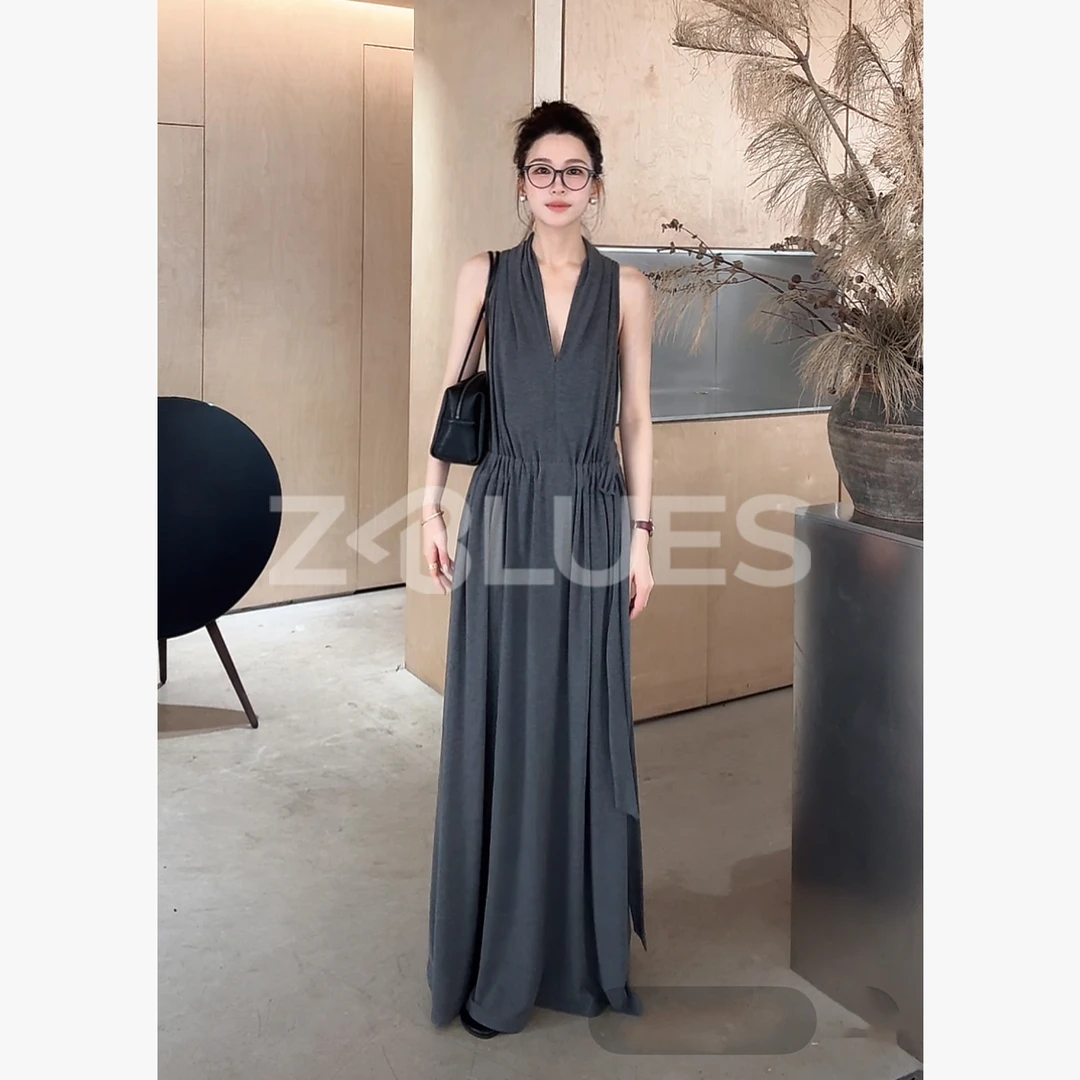 Z.blues【修长轻礼服】气质长款优雅灰V领挂脖连衣裙YZDJC932