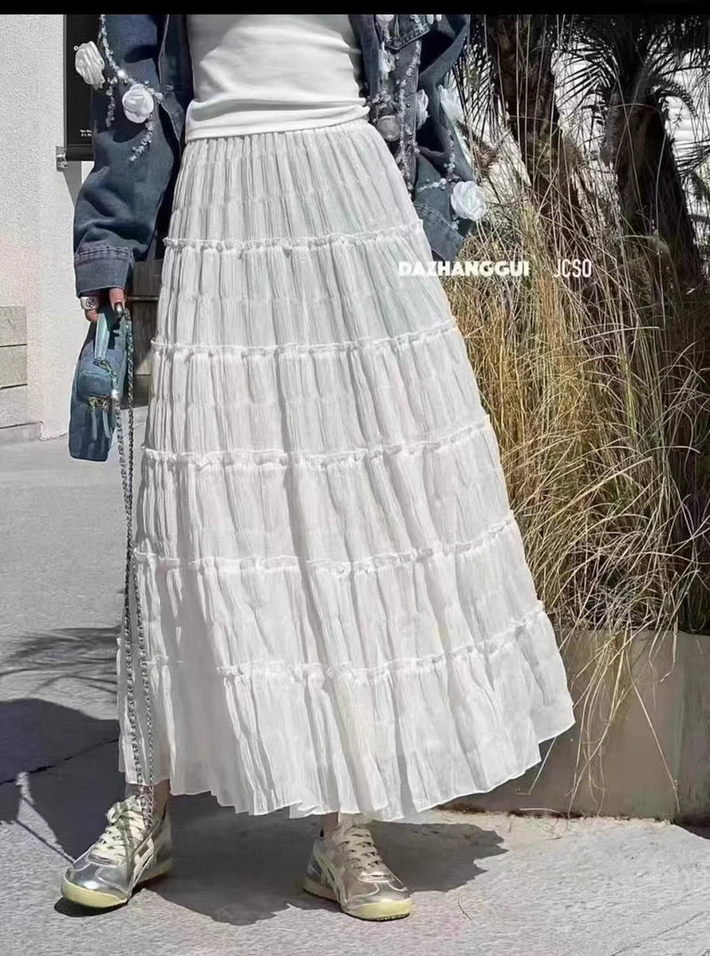 法式白色高腰显瘦蛋糕裙中长款层层拼接百搭半身裙
