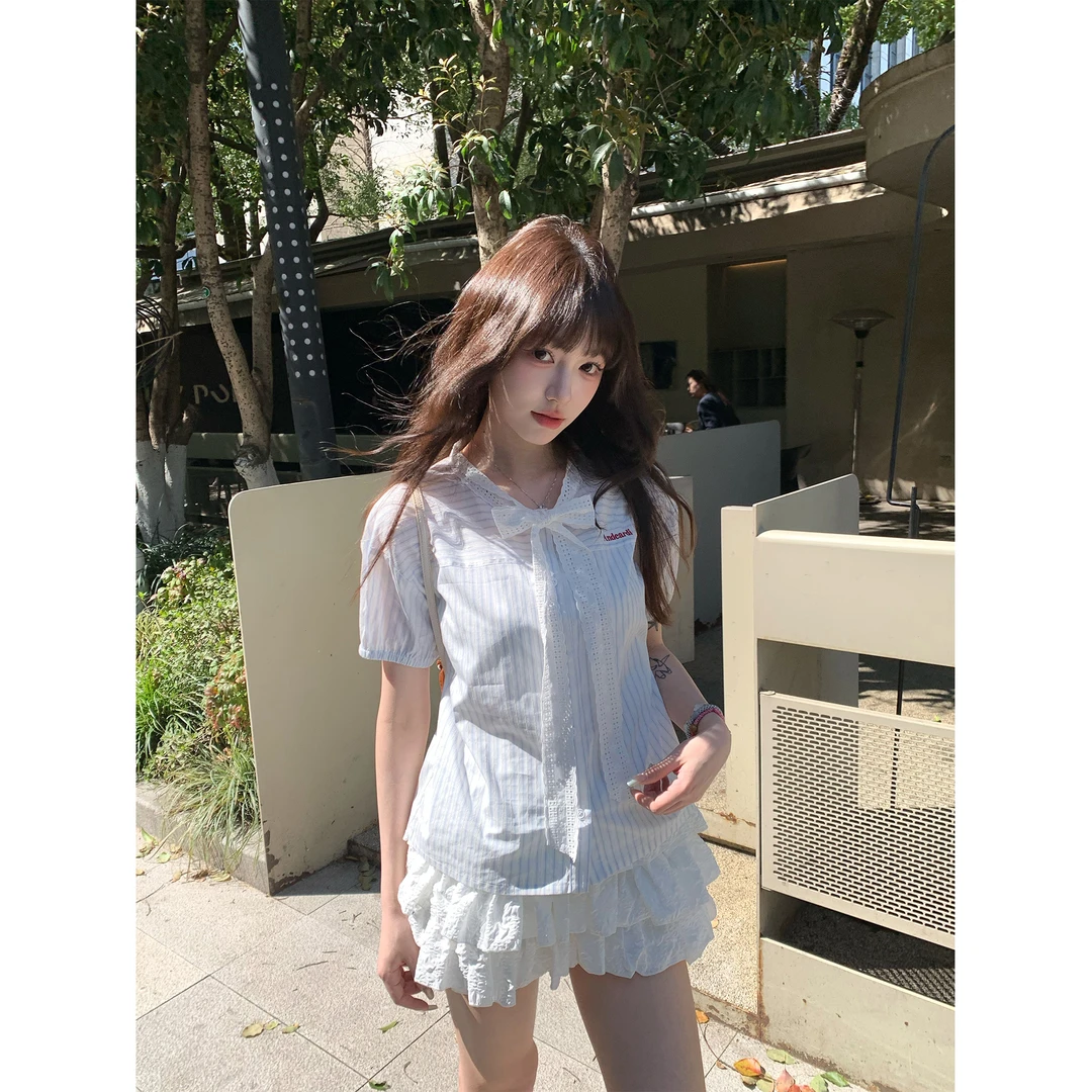 设计感飘带蓝条衬衣慵懒简约小清新百搭长袖衬衫