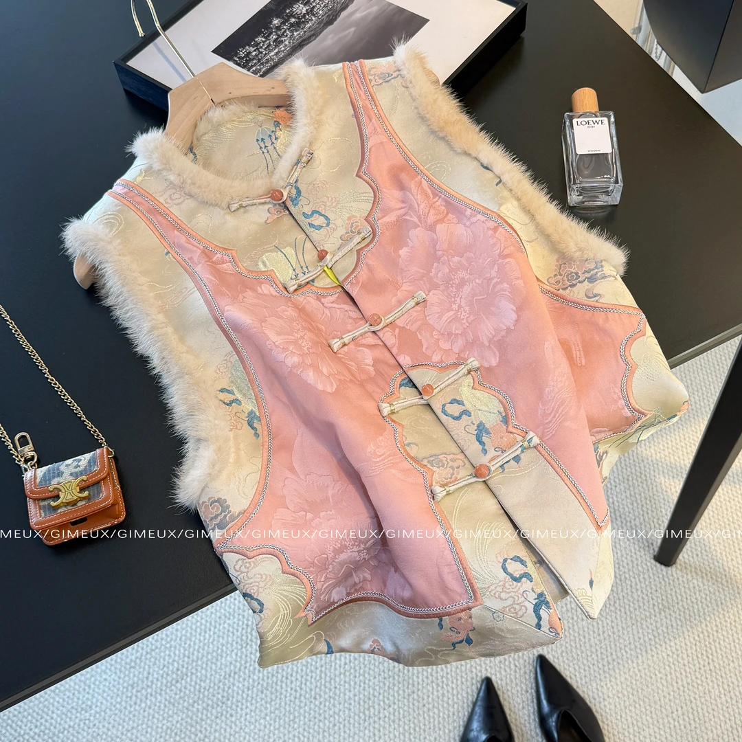 新中式双面穿夹棉提花马甲女冬季高端外搭洋气复古坎肩国风背心