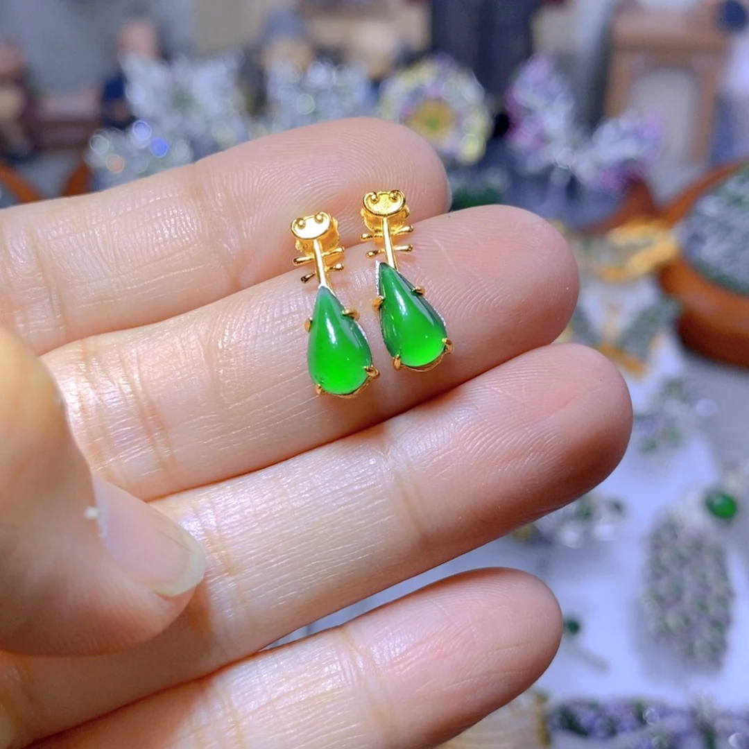 翡翠耳钉银S925镶嵌天然翡翠