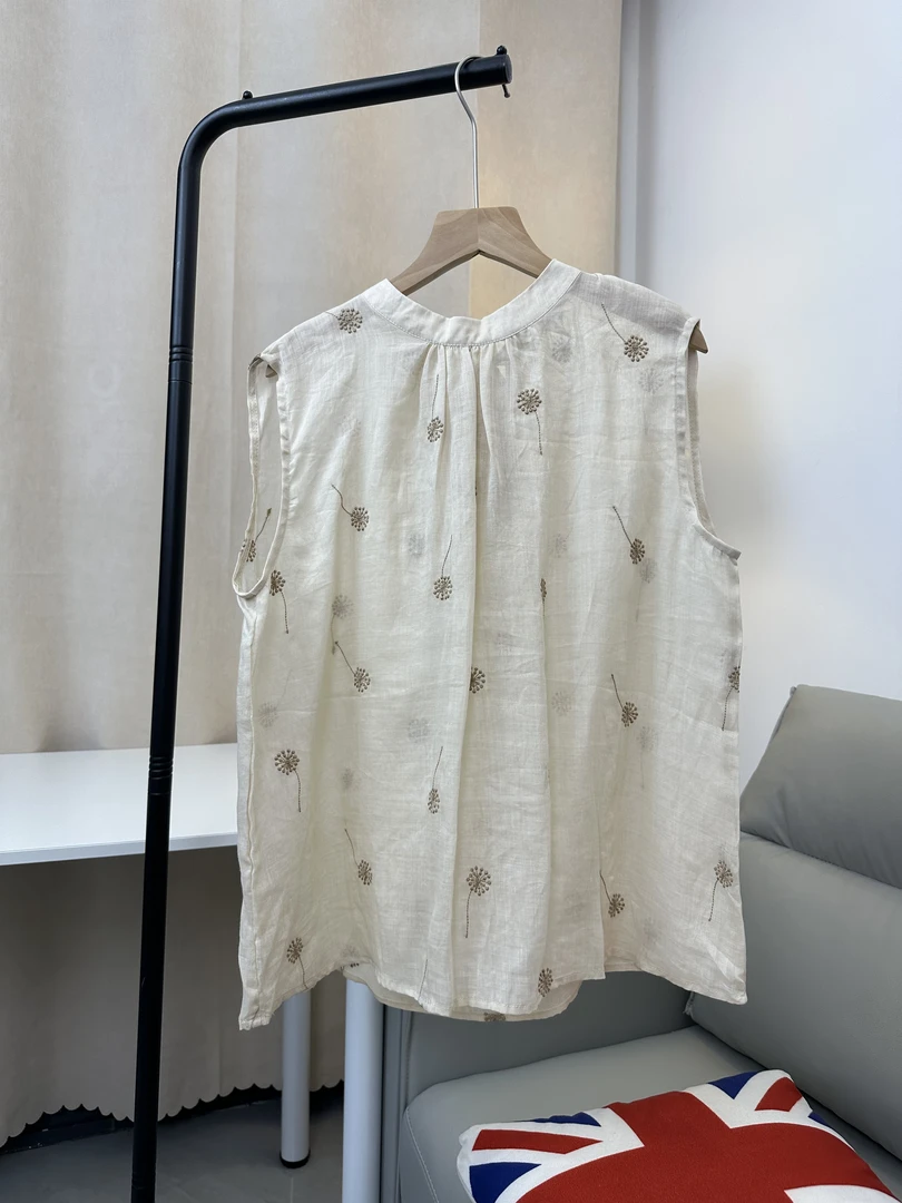 100%苎麻蒲公英刺绣显瘦无袖时尚上衣宽松气质夏季