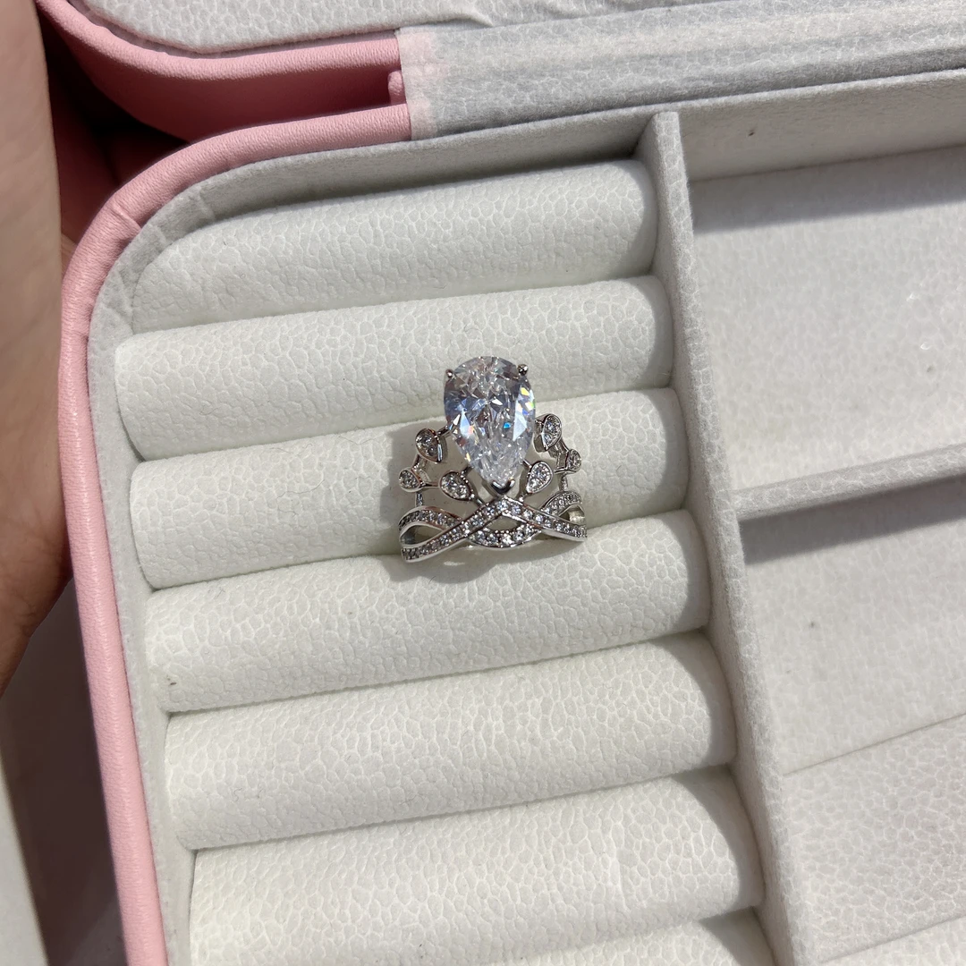 铜合金锆石戒指 7204 尚大水滴皇冠戒指银色