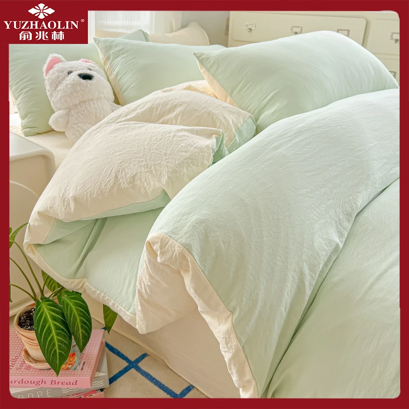 水洗绵四件套2023新款纯色非全棉纯棉双拼被套床笠单人宿舍三件套