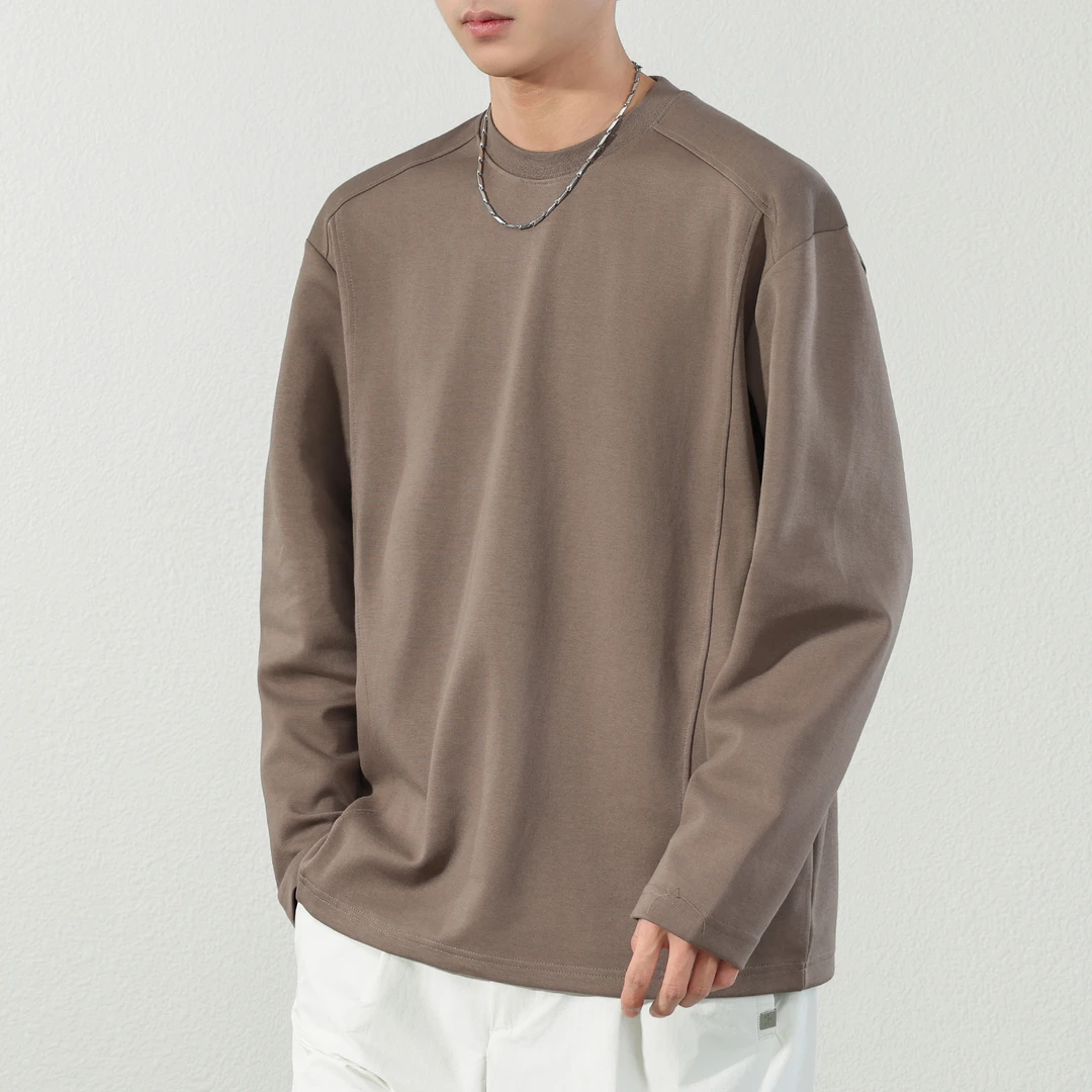 HAOZHI圆领纯色长袖t恤男士2025秋冬新款宽松立体拼接上衣打底衫