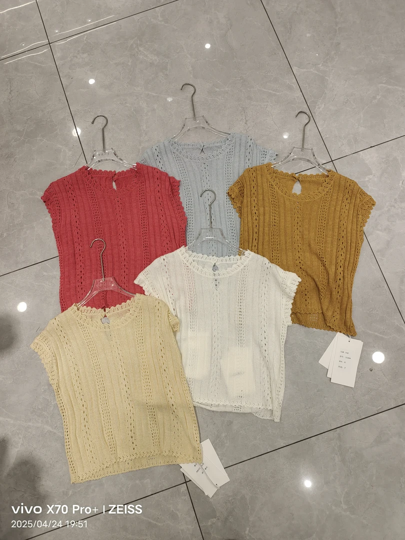 镂空亮色针织套头无袖罩衫上衣