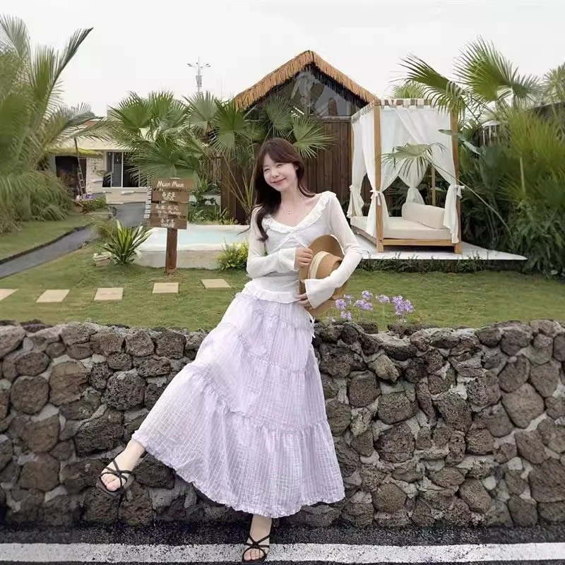 夏季气质时尚套装女2025法式甜美温柔风吊带+罩衫+半身裙三件套潮