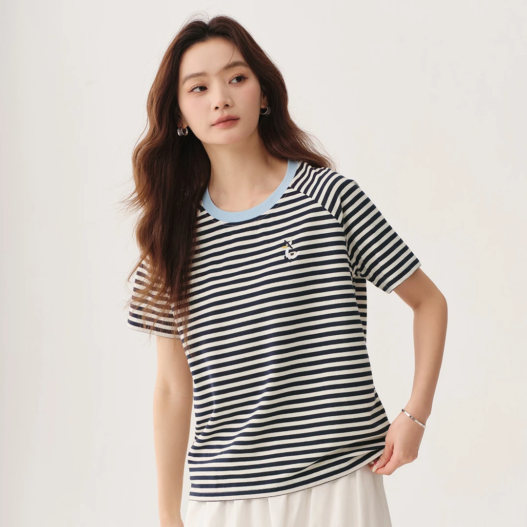 时尚撞色条纹短袖T恤女2025夏季刺绣宽松显瘦百搭圆领上衣