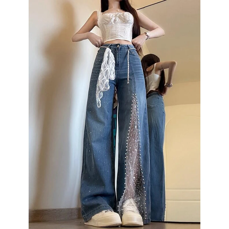 韩版宽松高腰设计感牛仔裤女秋季新款显瘦蕾丝拼接烫钻垂感直筒裤