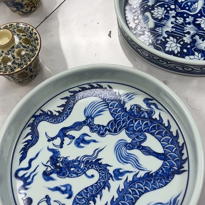 瓷片青花铠甲龙干泡台景德镇微瑕