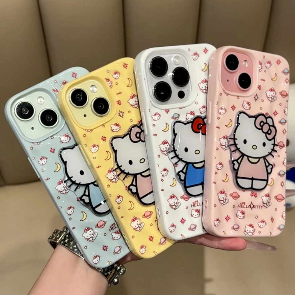 凯蒂蝴蝶结KT适用苹果16/15pro褶皱手机壳防摔14/13陨石纹12/11软