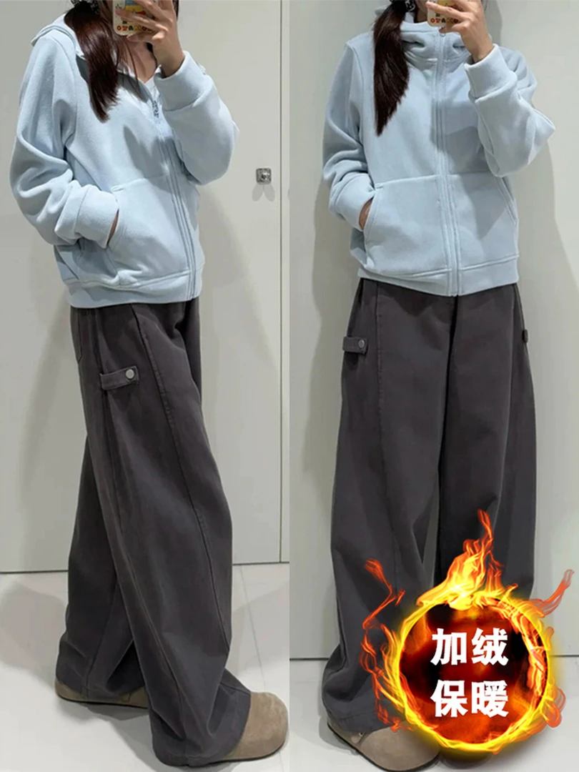 灰色加绒弯刀裤女今年流行梧桐裤大码阔腿工装裤慵懒风休闲镰刀裤