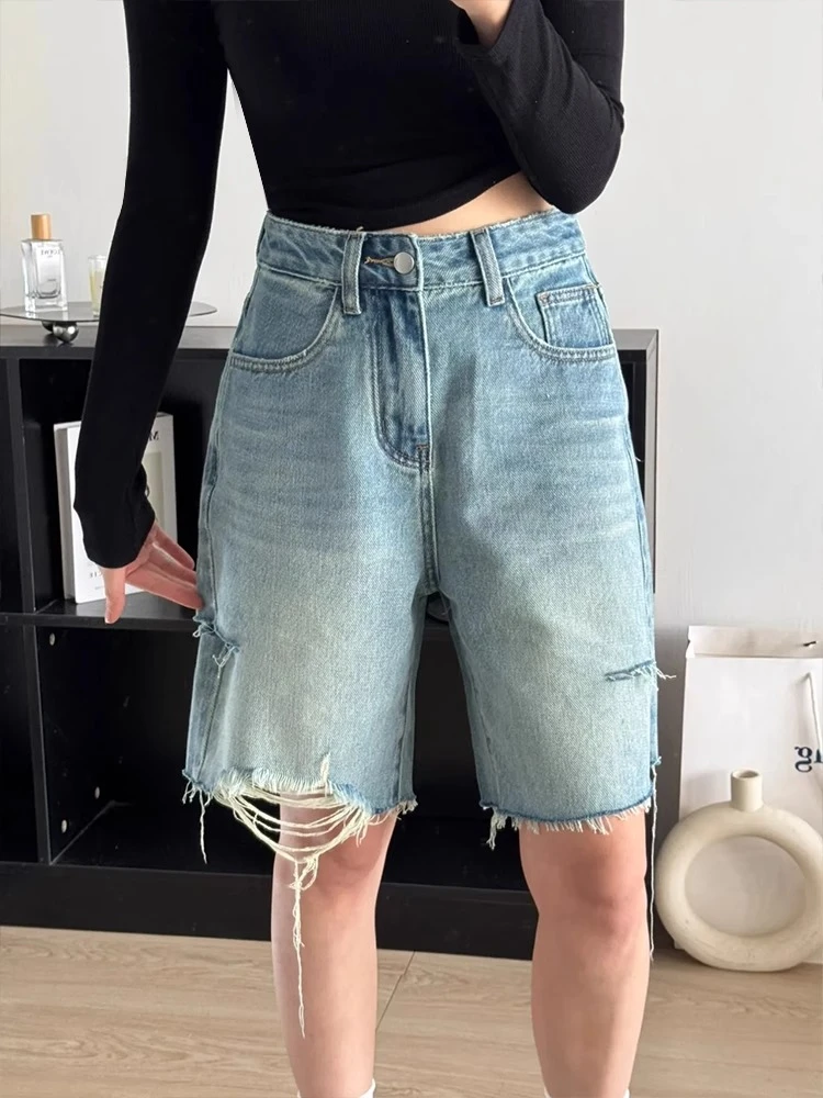 大码高腰破洞毛边牛仔短裤女2025夏季胖mm宽松显瘦直筒五分裤中裤