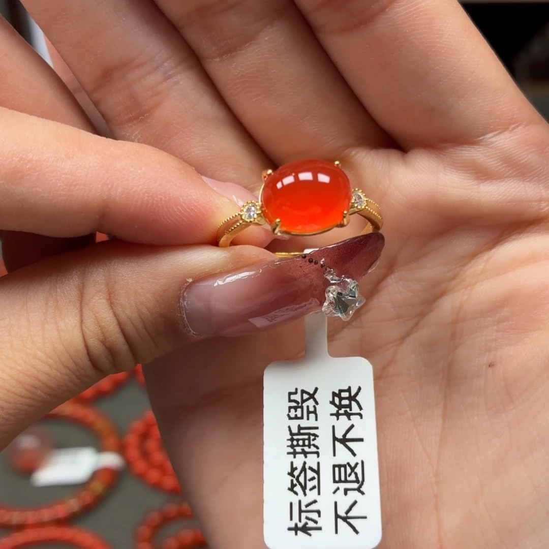 南红玛瑙银S925镶嵌女戒原矿保山南红小庄冰红女戒