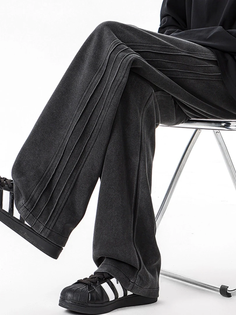 美式做旧水洗休闲卫裤男潮牌新款高街褶皱设计感宽松直筒阔腿长裤