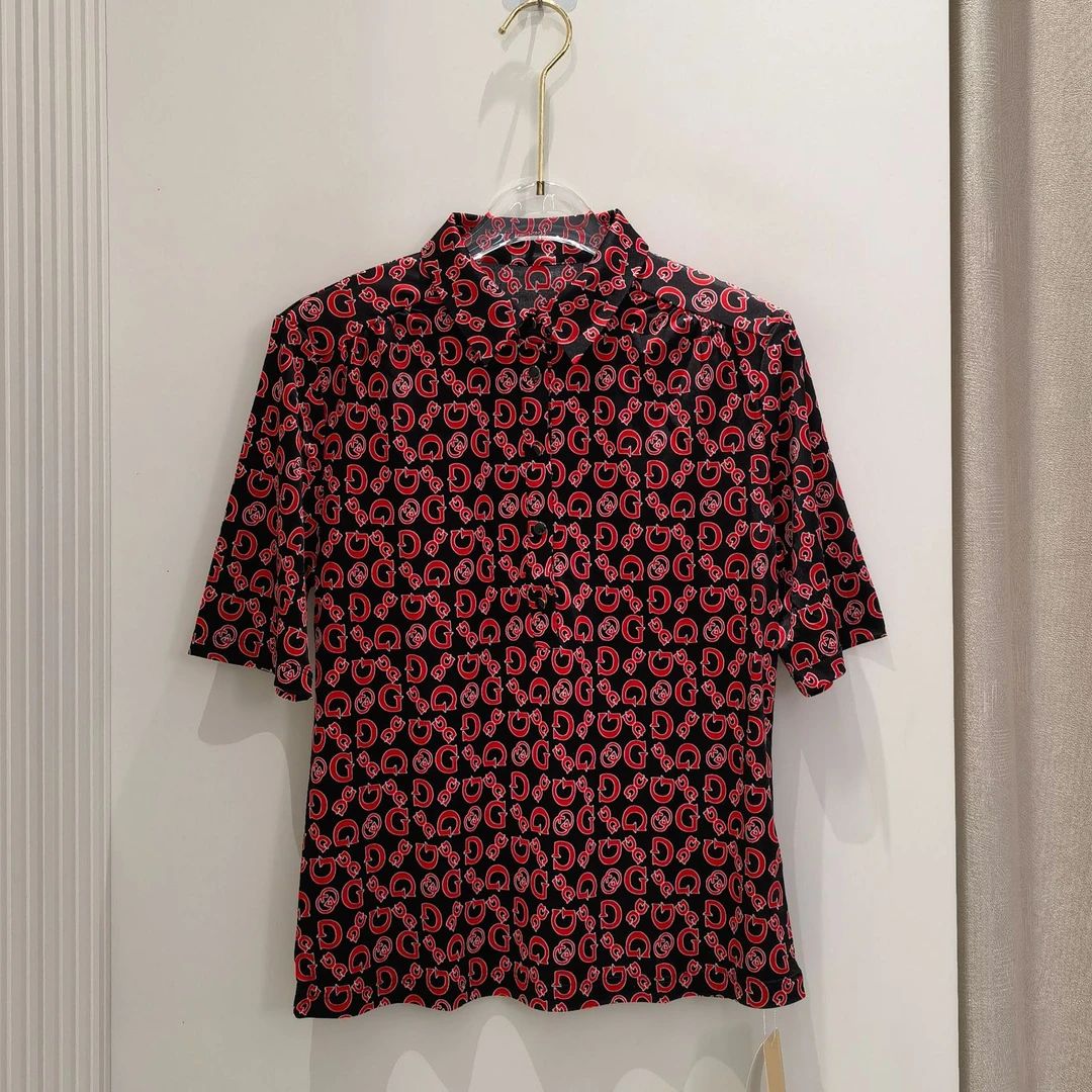 桑蚕丝短袖衬衫T恤女真丝红色印花宽松显瘦翻领针织上衣