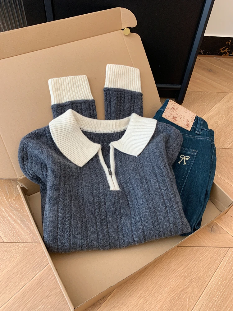 设计感学院风撞色拼接翻领长袖针织衫女2025秋季新款韩系减龄毛衣