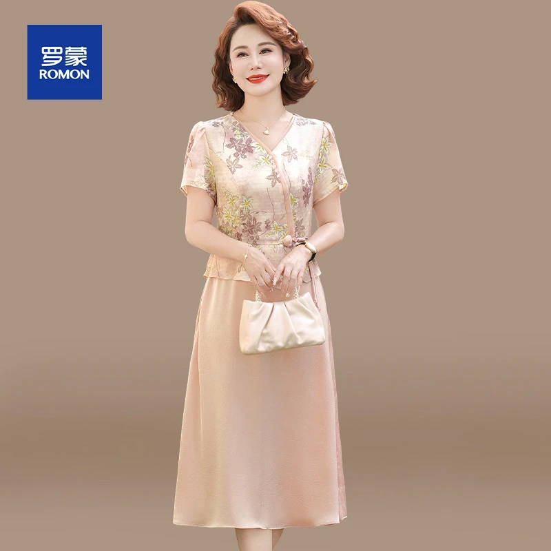 新中式妈妈连衣裙夏装中老年女装贵夫人夏季品牌短袖国风雪纺裙子