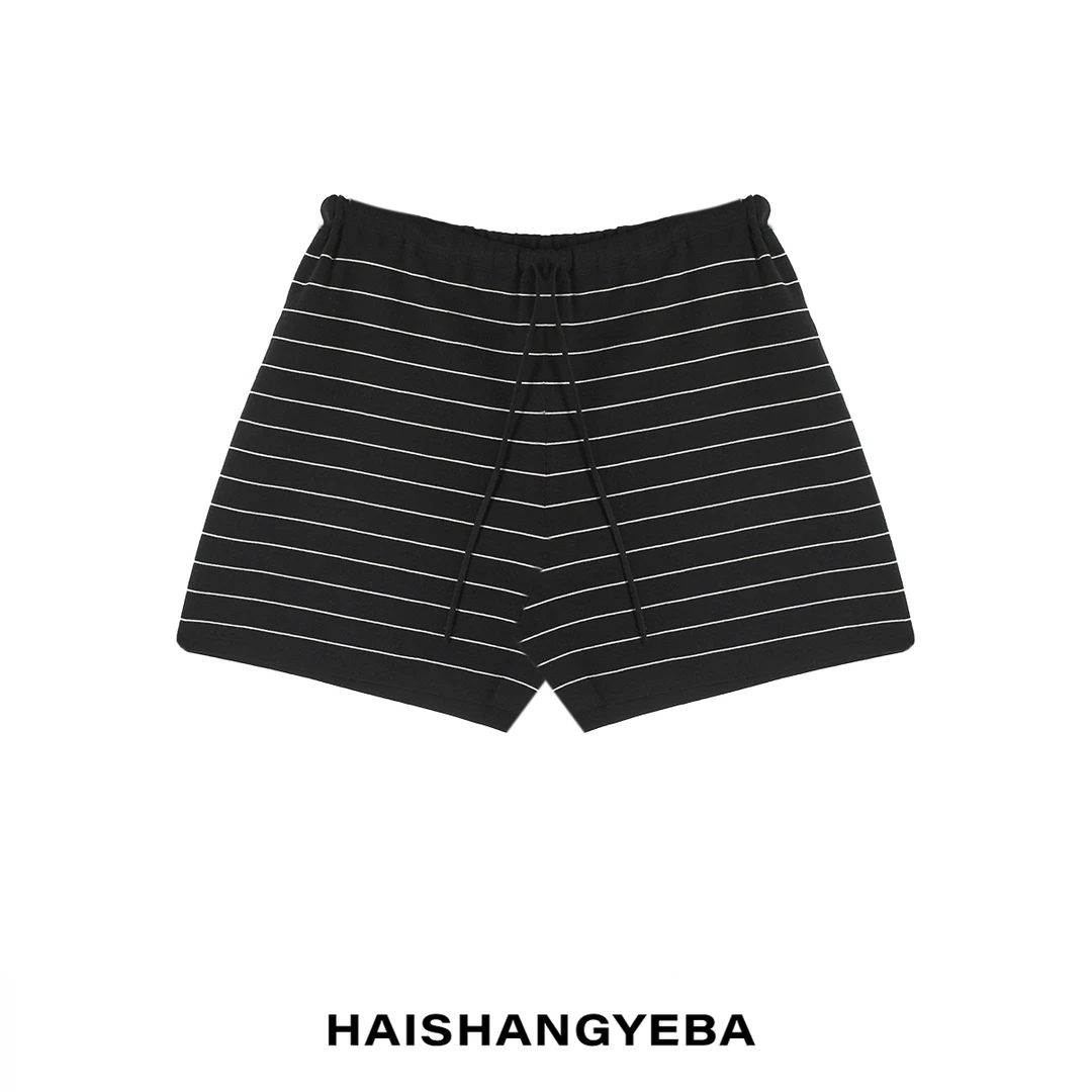 【海上叶爸】新款2025夏季百搭醋酸松紧腰抽绳休闲条纹短裤