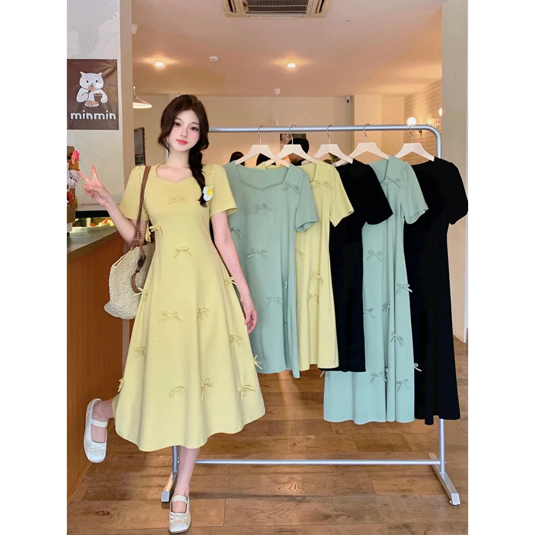 19802（墙）长款夏装新款胖mm大码女甜美立体蝴蝶结连衣裙闺蜜裙