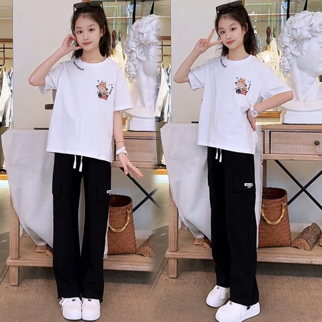 女童夏季套装2025新款中大童韩版短袖T恤学生工装裤阔腿裤两件套