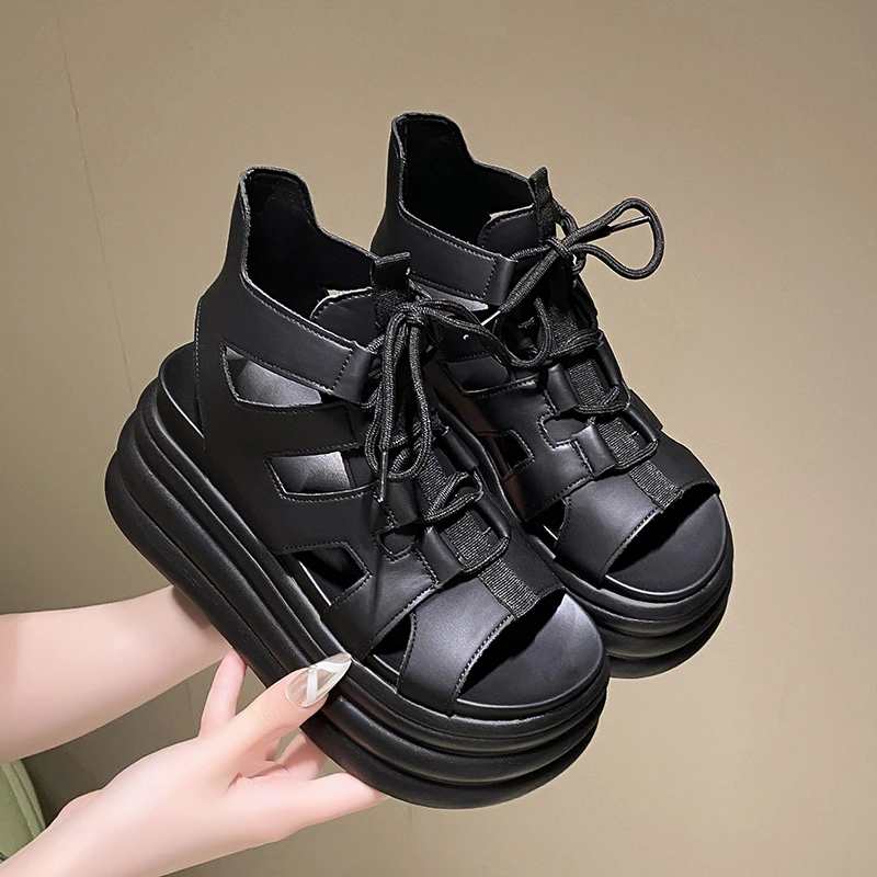 9cm厚底镂空露趾凉鞋女2024夏季新款小个子增高松糕百搭罗马凉鞋