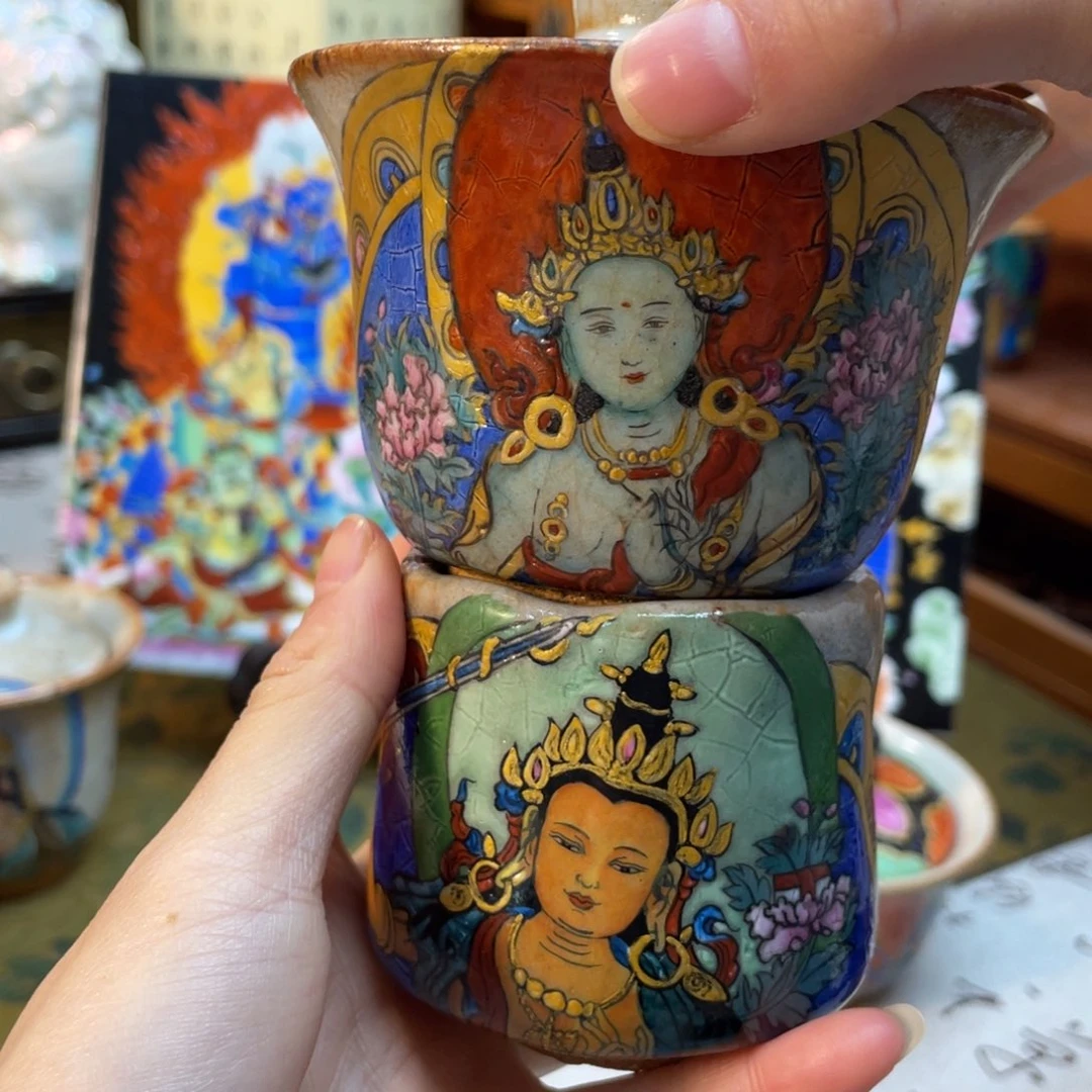 钱****手绘绿度母文殊匣钵志野烧