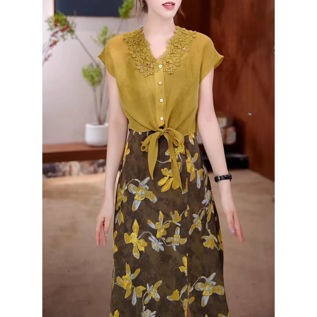 套装2025夏季新款印花时尚遮肉显瘦两件套复古开叉连衣裙法式上衣