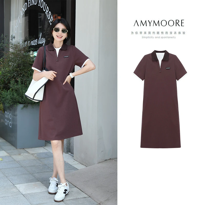AMYMOORE艾莫尔2025年夏季女连衣裙中长款显瘦休闲宽松翻领52701