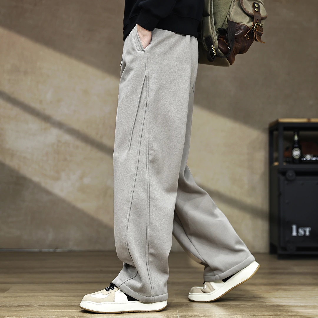 高端美式复古拼接奥利绒重磅直筒卫裤男秋冬加厚保暖休闲运动裤子