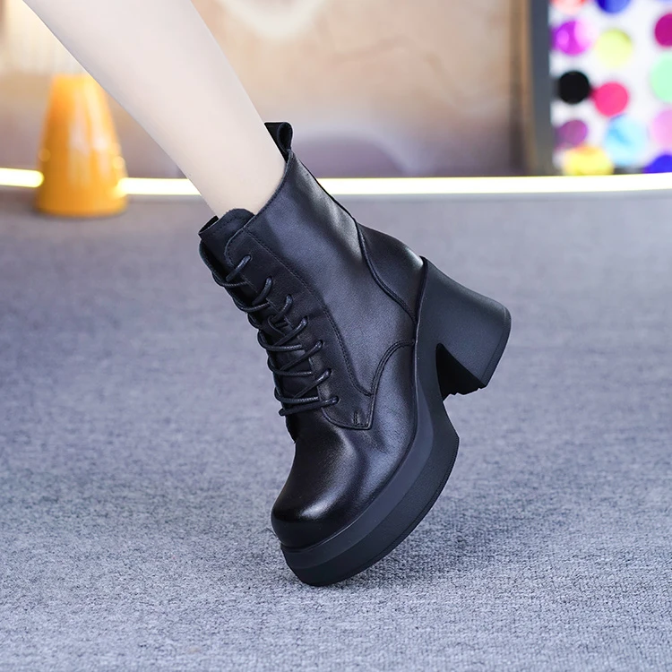 5307真牛皮粗跟马丁靴女冬季新款头层牛皮加绒保暖棉靴厚底短靴女