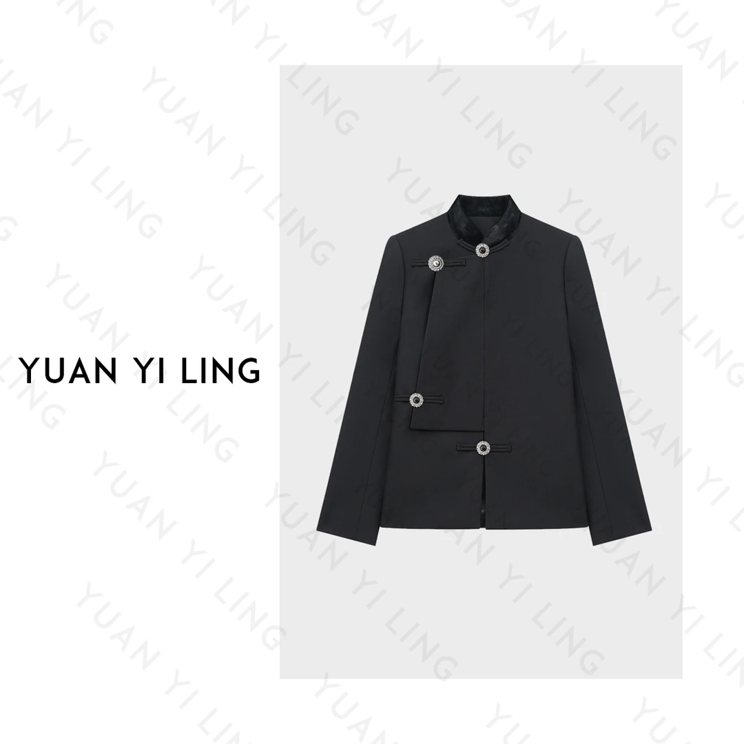YUAN YI LING【開运】25春款醋酸羊毛黑色中式国风丝绒立领女装外套