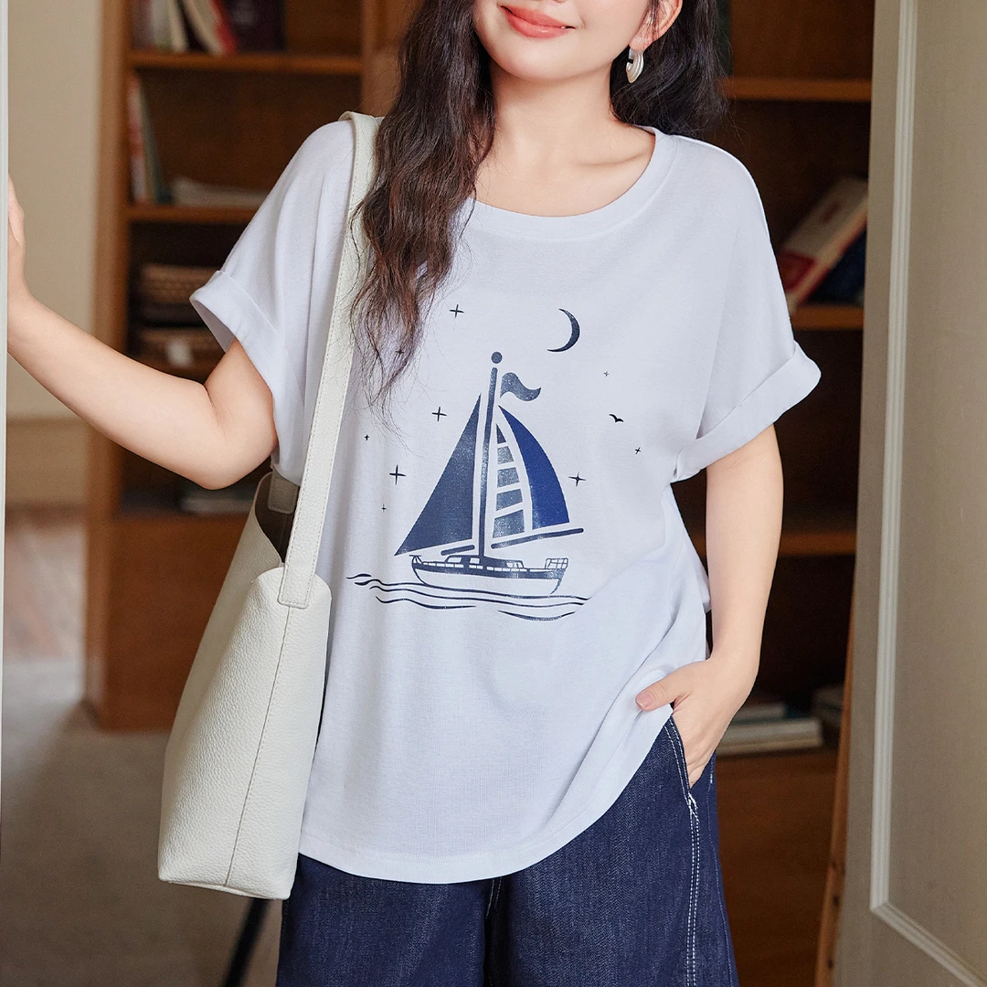 【天丝棉】MsShe大码女装2025新夏时髦帆船闪粉印花短袖T恤K2504059