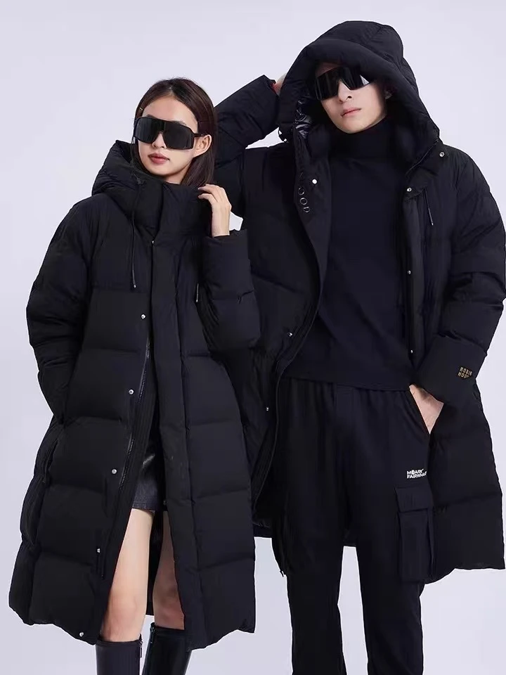 长款连帽拉链情侣黑色羽绒服
