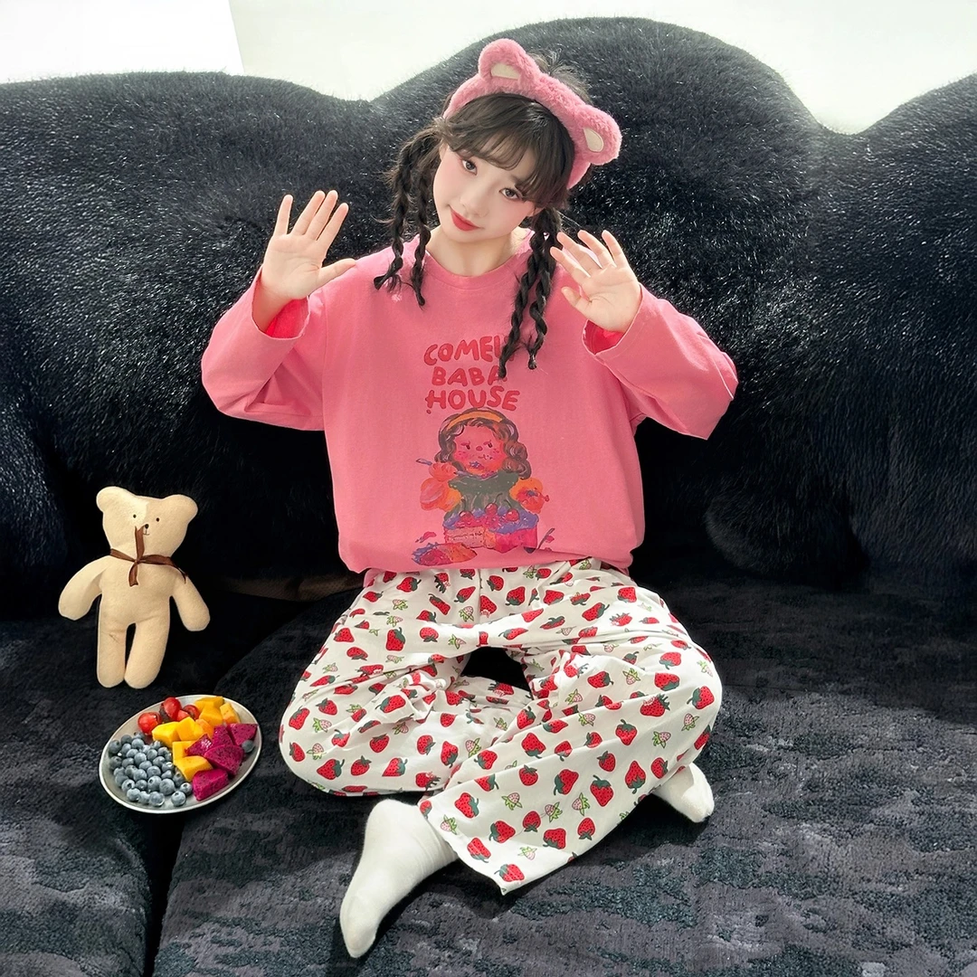 粉色纯棉女童睡衣2025新款初中生春秋甜美长袖家居服儿童居家套装