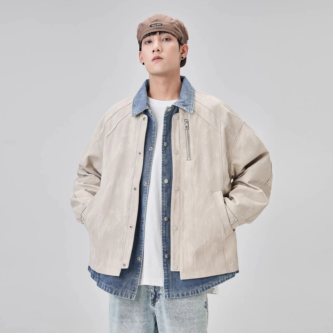 2025假两件牛仔拼接翻领外套男解构设计感cleanfit潮流百搭夹克男