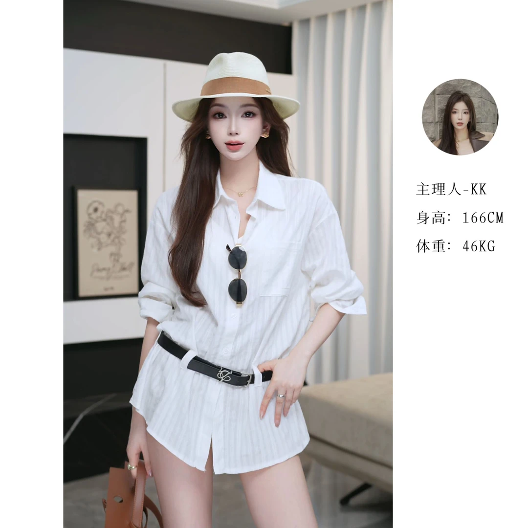 女绅士衬衫(连衣裙版) 美式设计感提花质感百搭衬衫带皮带C 8536#