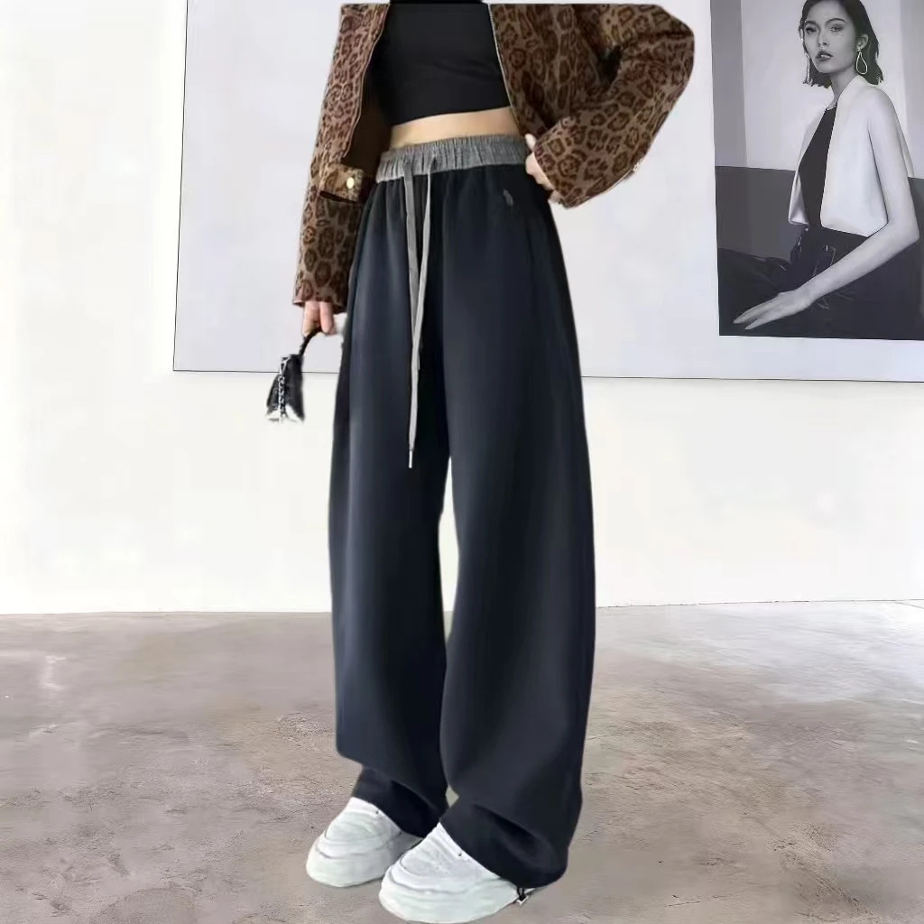 【加绒加厚】2025爆款一裤两穿百搭刺绣拼色高腰弯刀阔腿裤